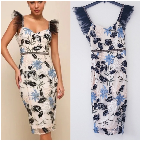 Lulu's Show Stopper Cream Embroidered Sequin Midi Sheath Dress Bodycon Small - Picture 1 of 9